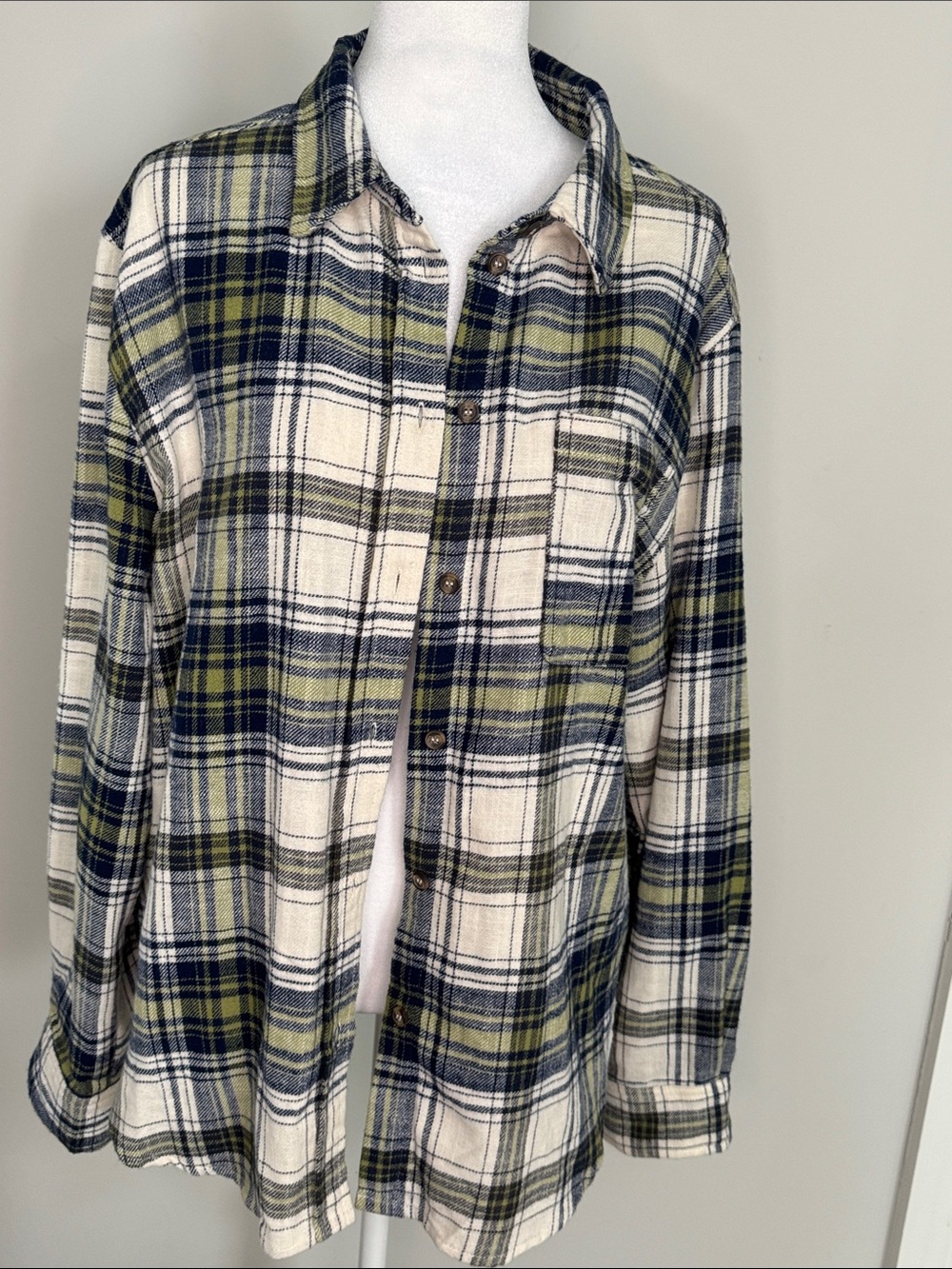Love Tree Plaid Button-Down Shirt in Olive, Navy & Cream